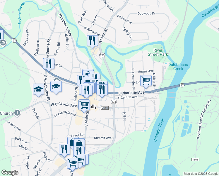 map of restaurants, bars, coffee shops, grocery stores, and more near 300 East Charlotte Avenue in Mount Holly