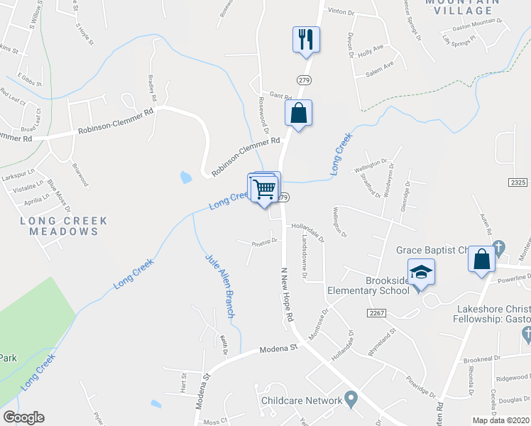 map of restaurants, bars, coffee shops, grocery stores, and more near 2211 North New Hope Road in Gastonia