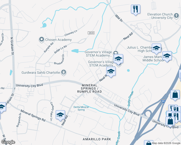 map of restaurants, bars, coffee shops, grocery stores, and more near 1416 Rumstone Lane in Charlotte