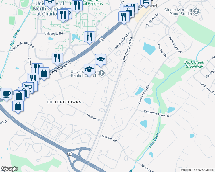 map of restaurants, bars, coffee shops, grocery stores, and more near 9531 Shannon Green Drive in Charlotte