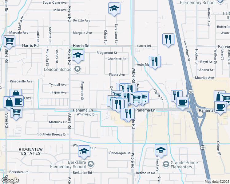 map of restaurants, bars, coffee shops, grocery stores, and more near 3501 Springford Court in Bakersfield