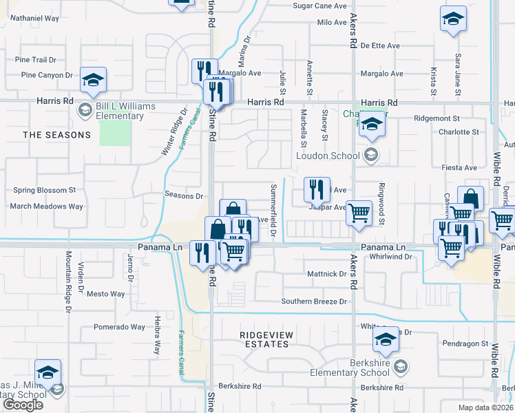 map of restaurants, bars, coffee shops, grocery stores, and more near 4509 Glengary Place in Bakersfield