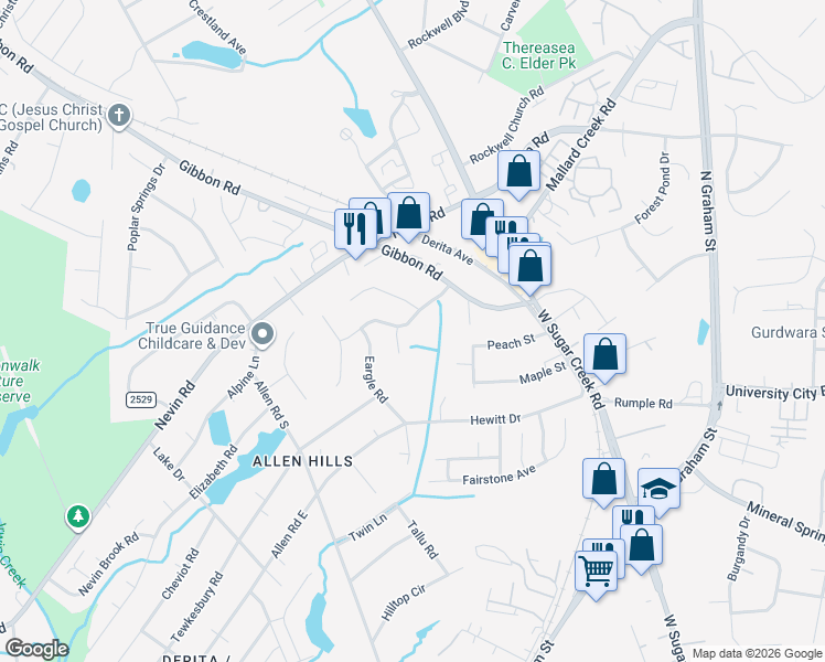 map of restaurants, bars, coffee shops, grocery stores, and more near 5326 Grenelefe Village Road in Charlotte