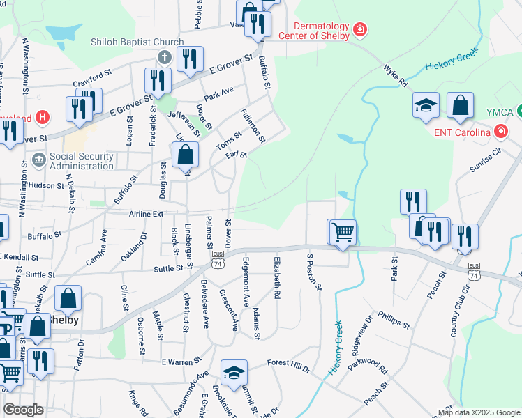 map of restaurants, bars, coffee shops, grocery stores, and more near 924 Airline Extension in Shelby