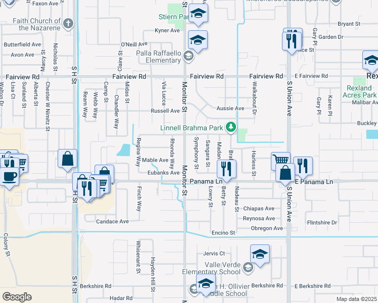map of restaurants, bars, coffee shops, grocery stores, and more near 6308 Monitor Street in Bakersfield
