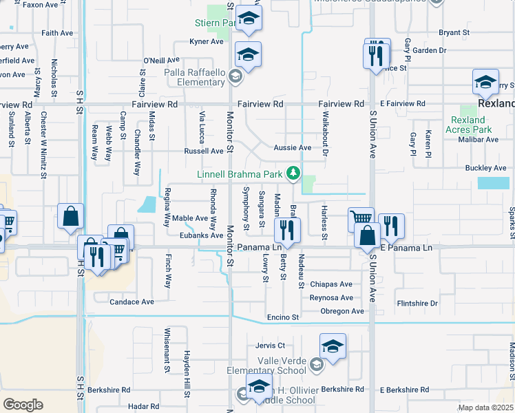 map of restaurants, bars, coffee shops, grocery stores, and more near 6307 Sangara Street in Bakersfield