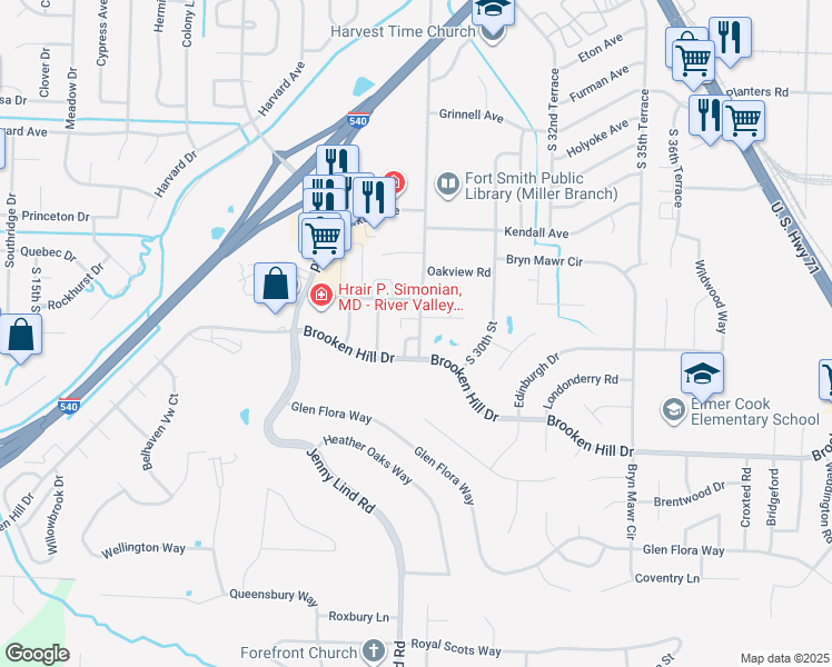 map of restaurants, bars, coffee shops, grocery stores, and more near 2721 Brooken Oaks in Fort Smith