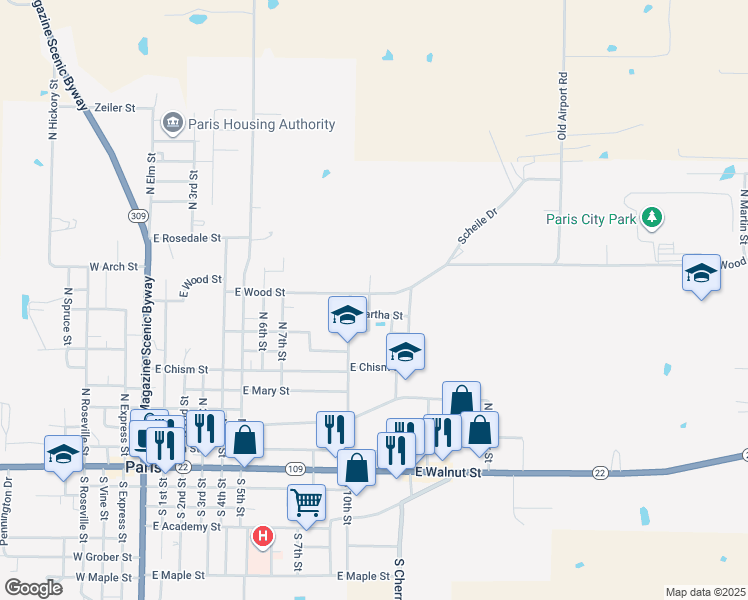 map of restaurants, bars, coffee shops, grocery stores, and more near 1106 East Wood Street in Paris