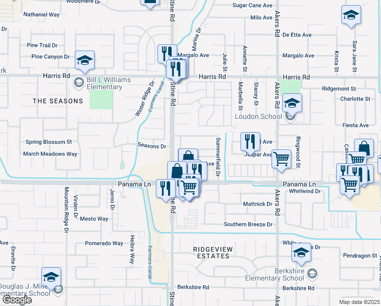 map of restaurants, bars, coffee shops, grocery stores, and more near 4801 Glengary Place in Bakersfield