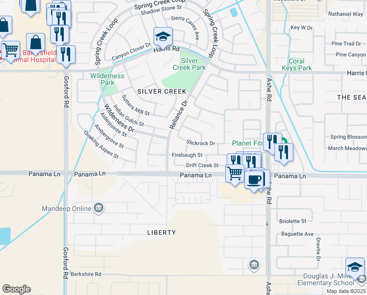 map of restaurants, bars, coffee shops, grocery stores, and more near 6311 Lone Peak Drive in Bakersfield