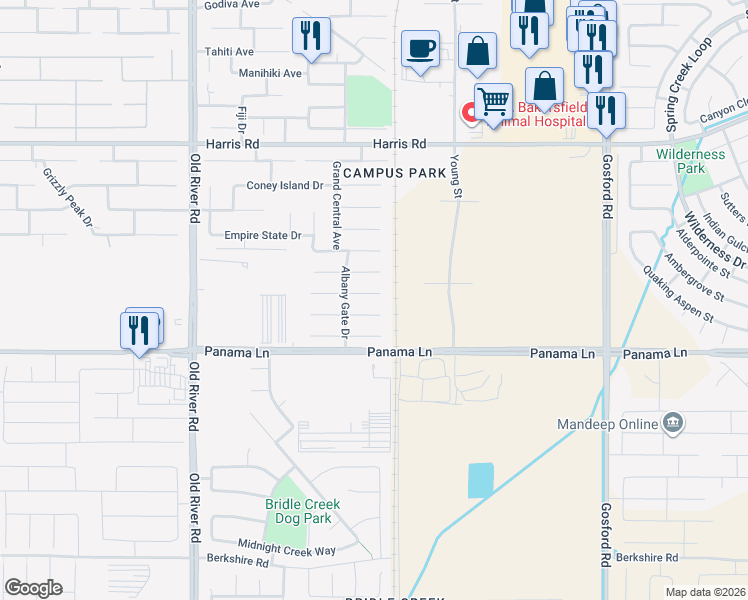 map of restaurants, bars, coffee shops, grocery stores, and more near 8915 Carnegie Hall Lane in Bakersfield