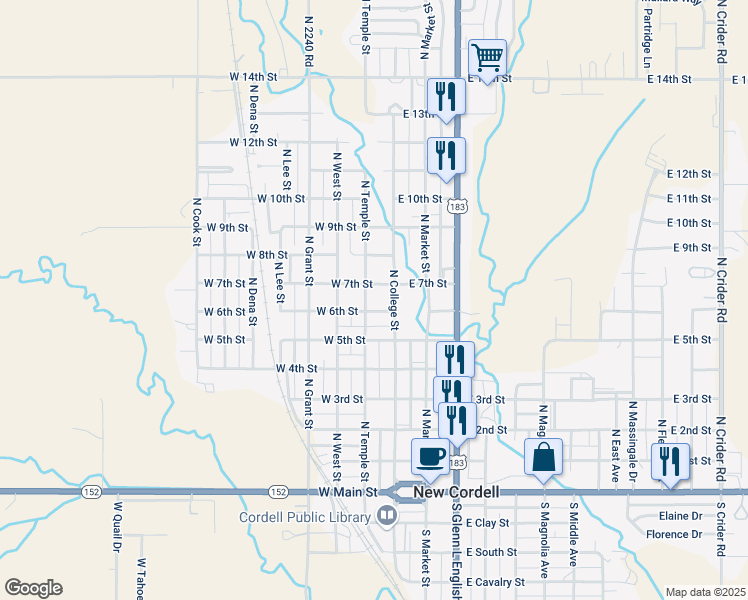 map of restaurants, bars, coffee shops, grocery stores, and more near 709 North Temple Street in New Cordell
