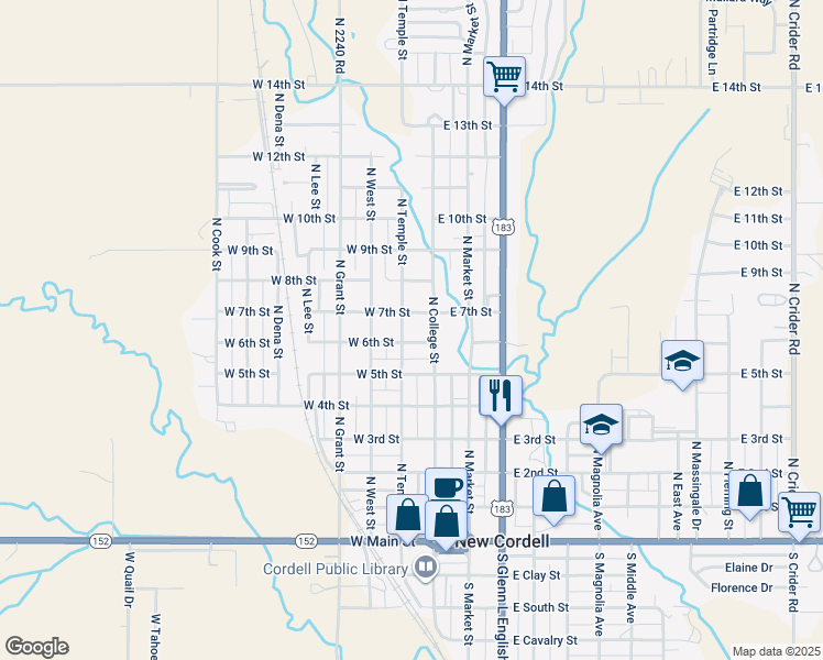 map of restaurants, bars, coffee shops, grocery stores, and more near 709 North Temple Street in New Cordell
