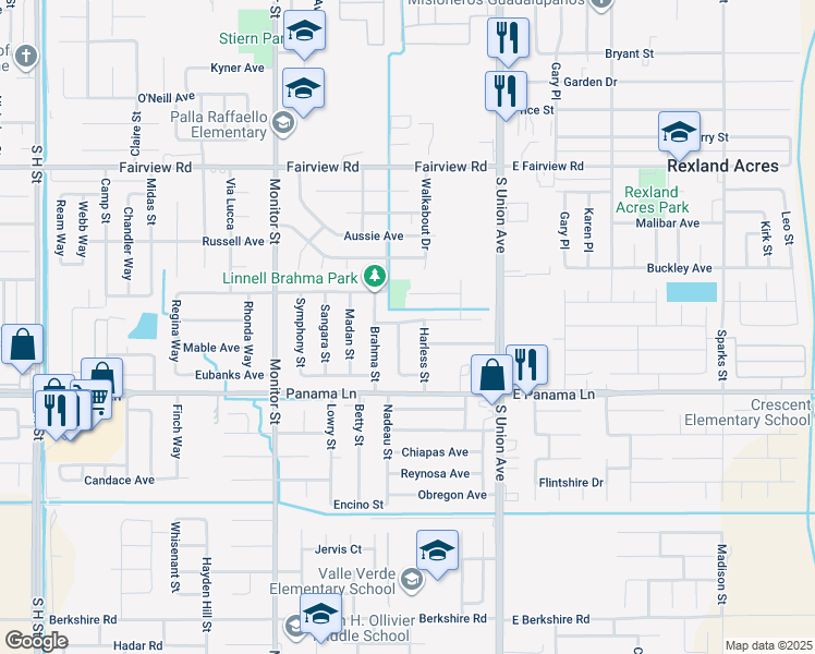 map of restaurants, bars, coffee shops, grocery stores, and more near 6200 Straub Lane in Bakersfield