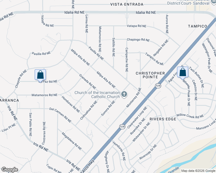 map of restaurants, bars, coffee shops, grocery stores, and more near 6720 Milpa Alta Road Northeast in Rio Rancho