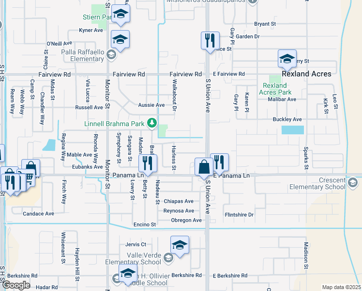 map of restaurants, bars, coffee shops, grocery stores, and more near 303 Linnell Way in Bakersfield