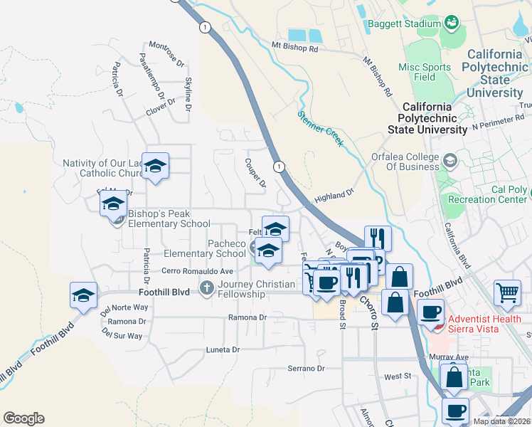 map of restaurants, bars, coffee shops, grocery stores, and more near 533 Highland Drive in San Luis Obispo