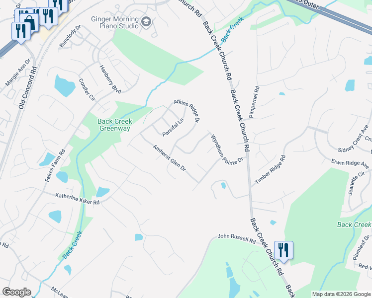 map of restaurants, bars, coffee shops, grocery stores, and more near 2608 Hartley Hills Drive in Charlotte