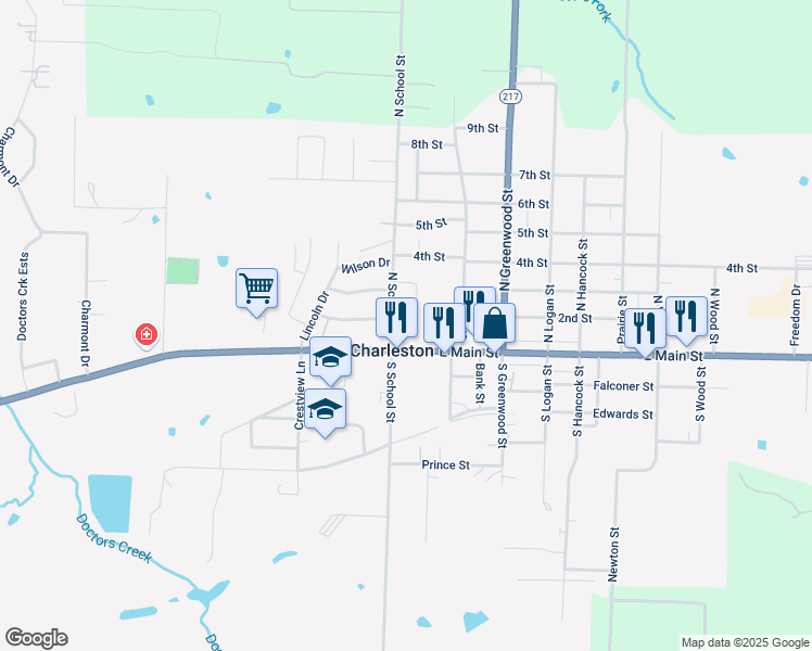 map of restaurants, bars, coffee shops, grocery stores, and more near 14 East Main Street in Charleston