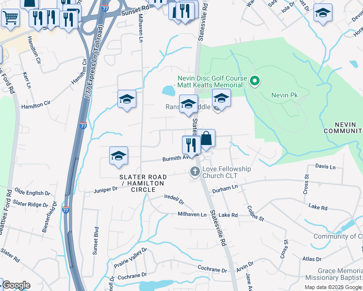 map of restaurants, bars, coffee shops, grocery stores, and more near 5703 Glenshire Court in Charlotte