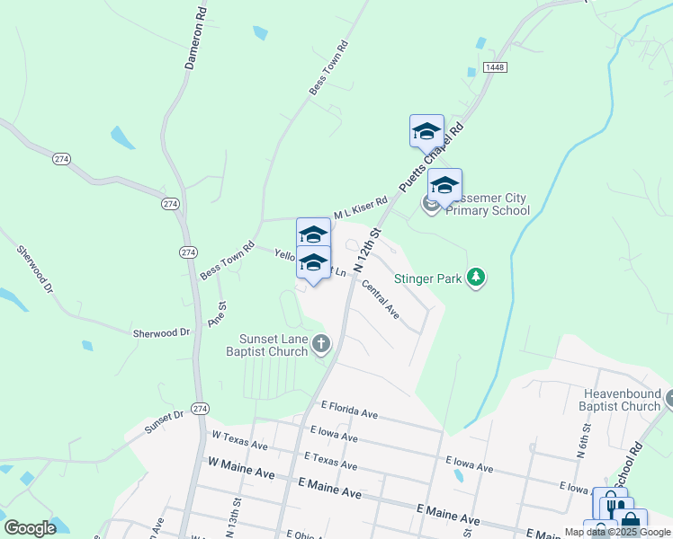 map of restaurants, bars, coffee shops, grocery stores, and more near 15A Yellow Jacket Lane in Bessemer City