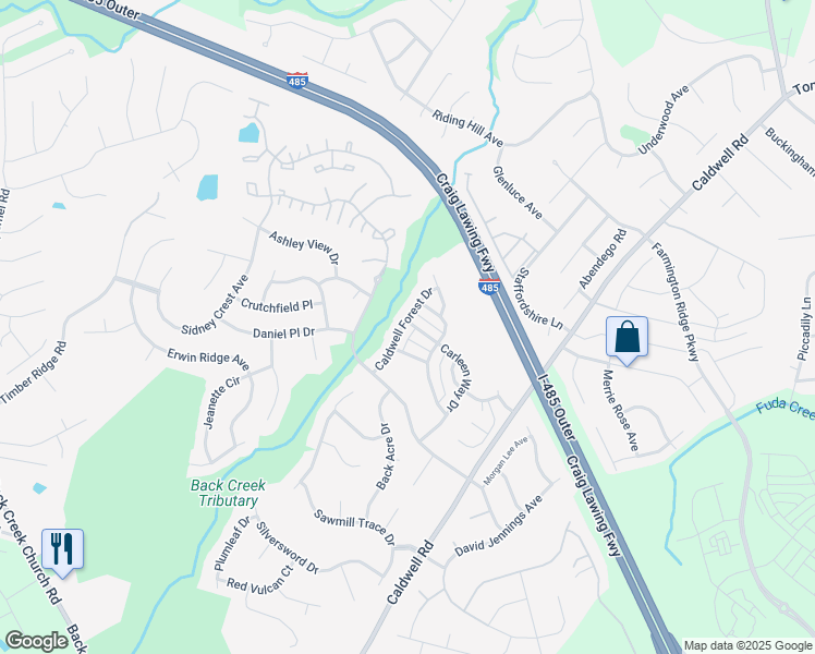 map of restaurants, bars, coffee shops, grocery stores, and more near 10218 Caldwell Forest Drive in Charlotte