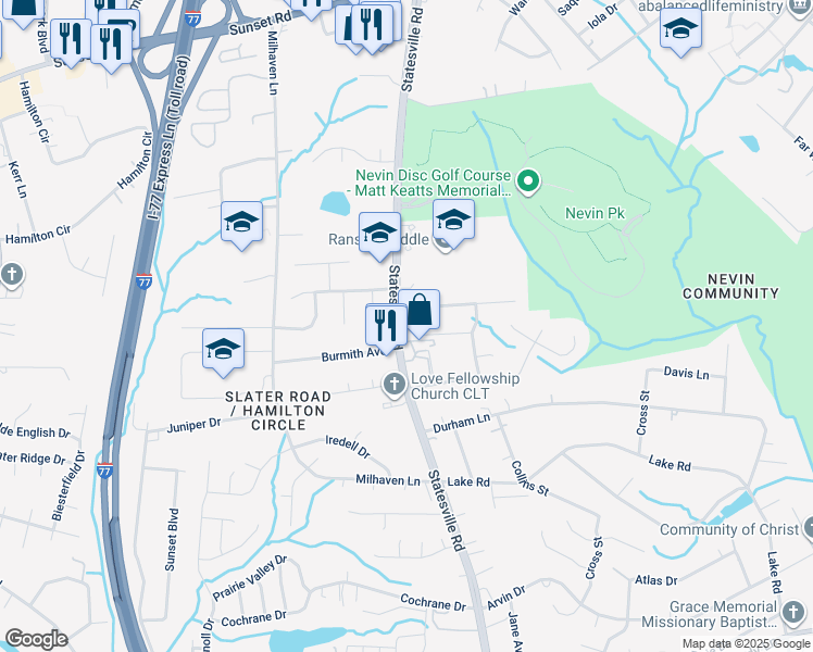 map of restaurants, bars, coffee shops, grocery stores, and more near 5708 Statesville Road in Charlotte