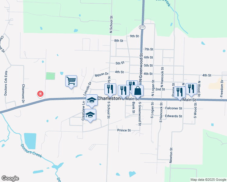 map of restaurants, bars, coffee shops, grocery stores, and more near 14 East Main Street in Charleston