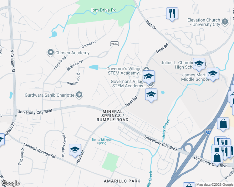 map of restaurants, bars, coffee shops, grocery stores, and more near 1416 Rumstone Lane in Charlotte