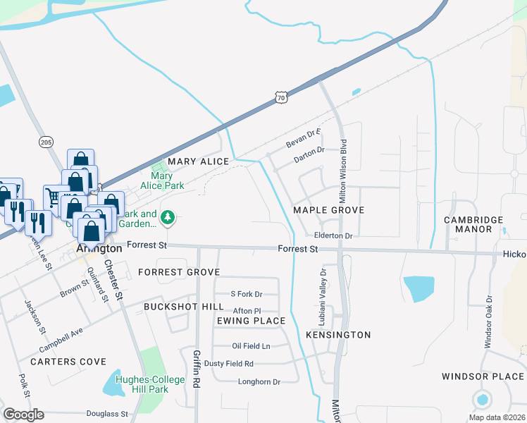 map of restaurants, bars, coffee shops, grocery stores, and more near 12310 Forrest Street in Arlington
