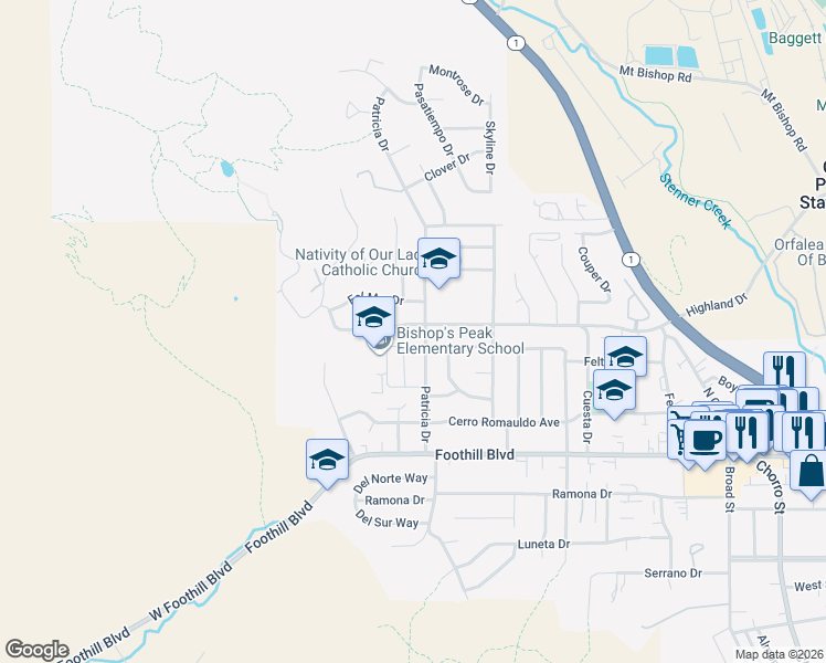 map of restaurants, bars, coffee shops, grocery stores, and more near 185 Highland Drive in San Luis Obispo