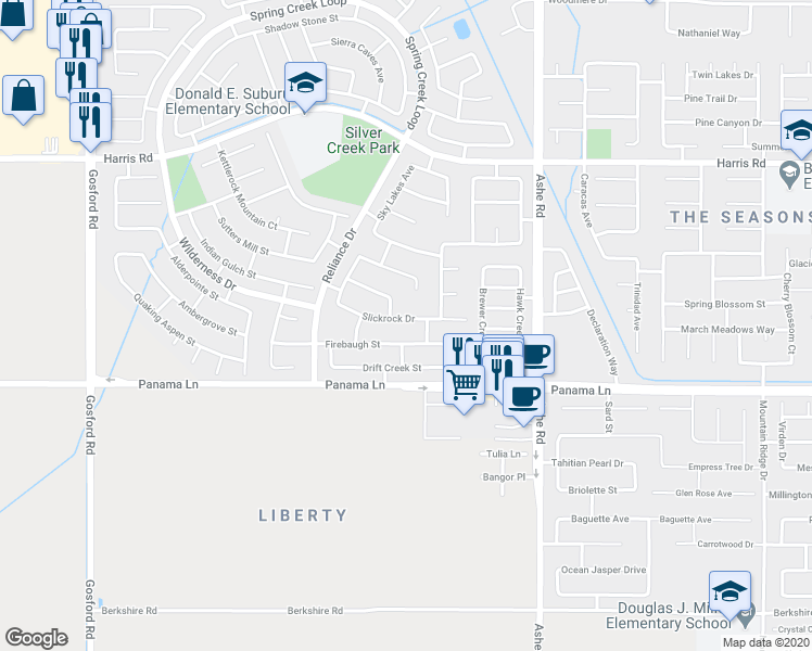 map of restaurants, bars, coffee shops, grocery stores, and more near 6917 Slickrock Drive in Bakersfield