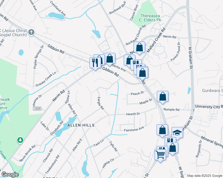 map of restaurants, bars, coffee shops, grocery stores, and more near 5326 Grenelefe Village Road in Charlotte