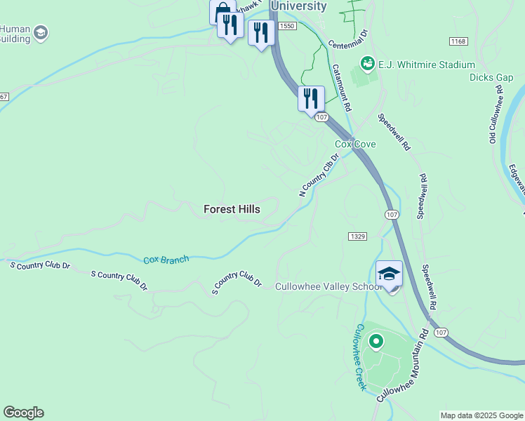 map of restaurants, bars, coffee shops, grocery stores, and more near 179 Coxs Farm Road in Cullowhee