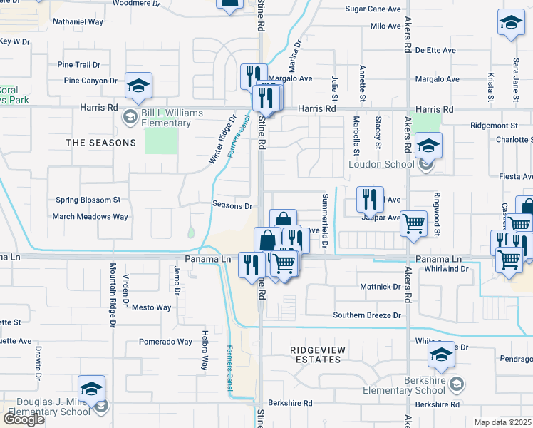 map of restaurants, bars, coffee shops, grocery stores, and more near 6204 Stine Road in Bakersfield