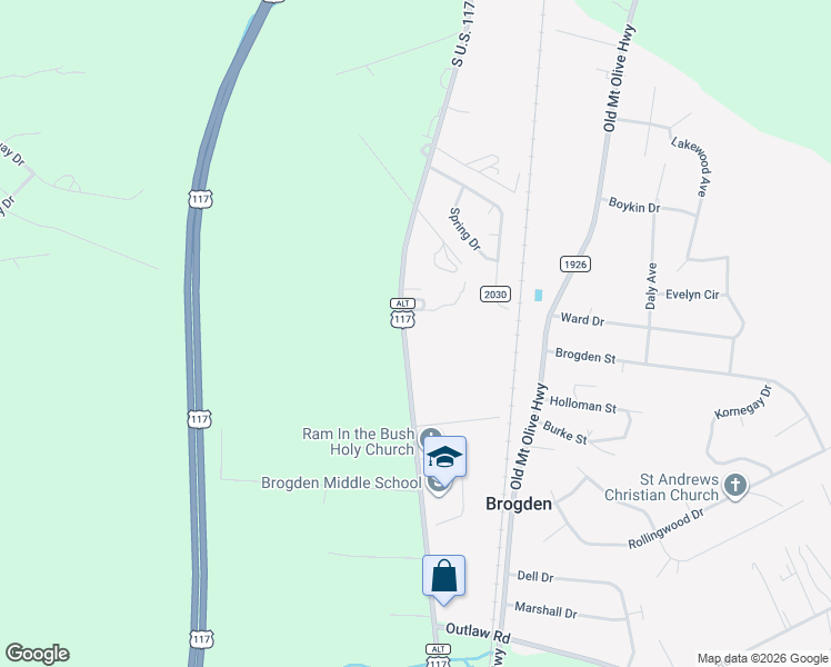 map of restaurants, bars, coffee shops, grocery stores, and more near 3625 South U.S. 117 Alternate Highway in Brogden