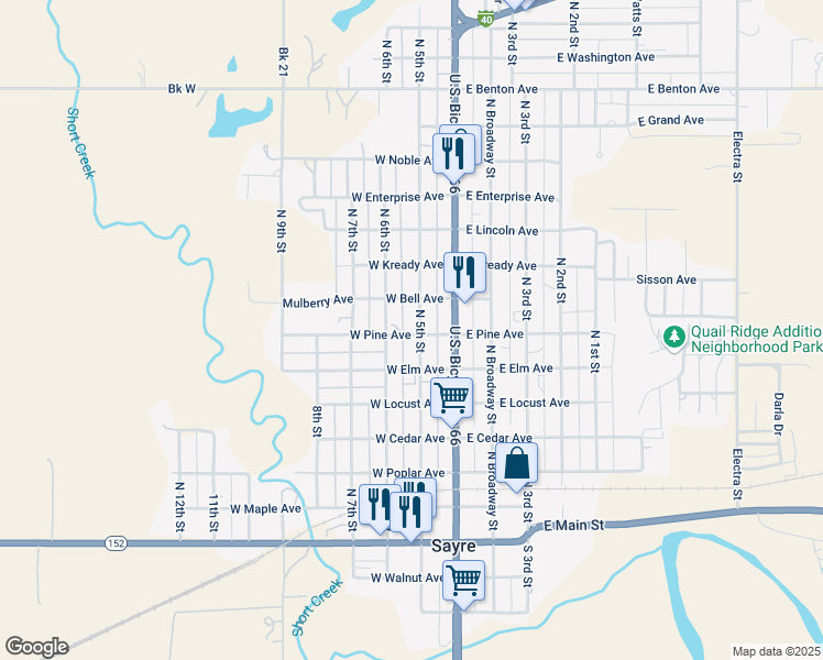 map of restaurants, bars, coffee shops, grocery stores, and more near 701 North 5th Street in Sayre