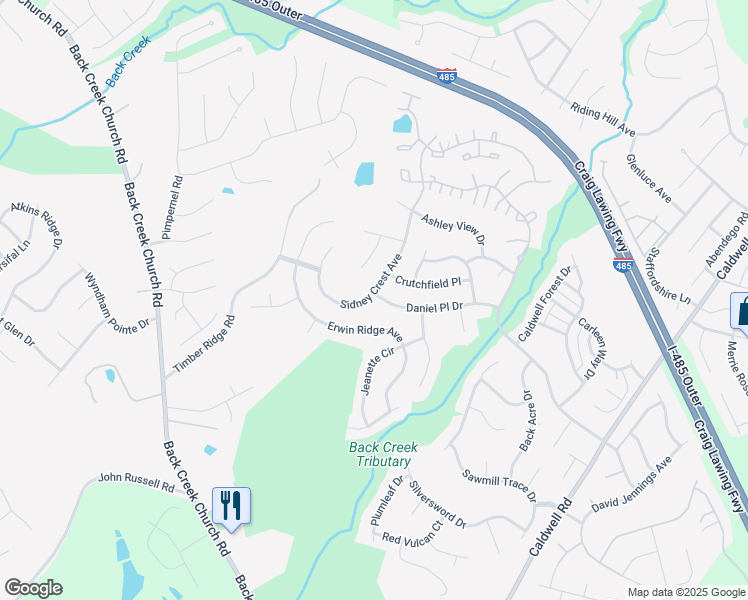 map of restaurants, bars, coffee shops, grocery stores, and more near 3306 Daniel Place Drive in Charlotte