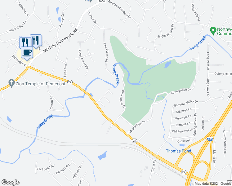 map of restaurants, bars, coffee shops, grocery stores, and more near 10404 Hyndman Court in Charlotte