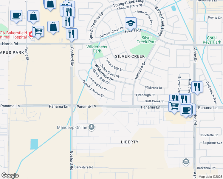 map of restaurants, bars, coffee shops, grocery stores, and more near 6604 Ambergrove St in Bakersfield