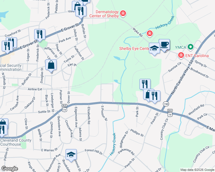 map of restaurants, bars, coffee shops, grocery stores, and more near 1012 Wesley Street in Shelby