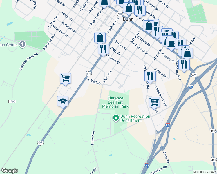 map of restaurants, bars, coffee shops, grocery stores, and more near 1003 South Washington Avenue in Dunn