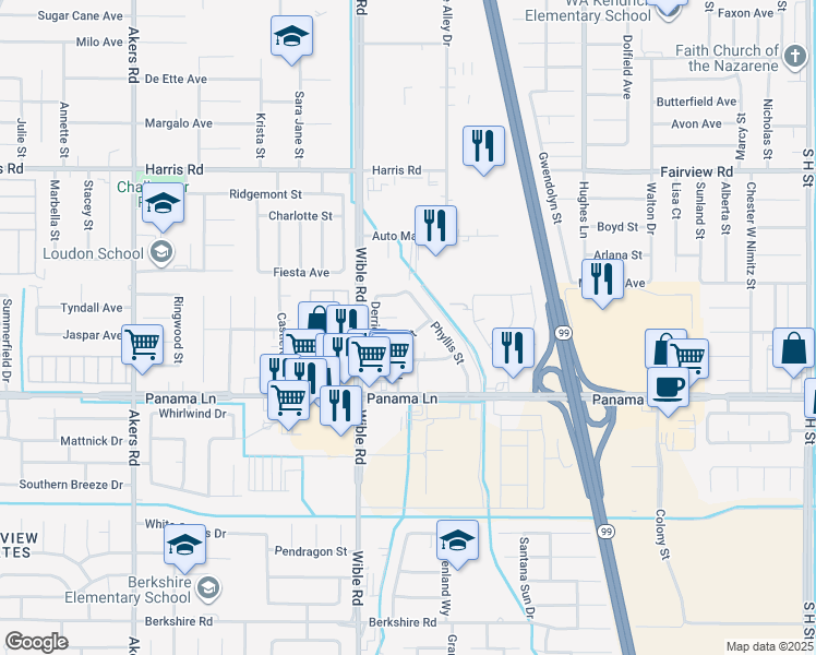 map of restaurants, bars, coffee shops, grocery stores, and more near 3108 Fortune Street in Bakersfield