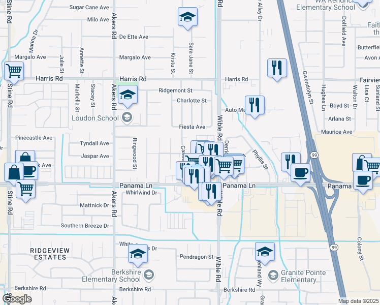 map of restaurants, bars, coffee shops, grocery stores, and more near 3501 Springford Court in Bakersfield
