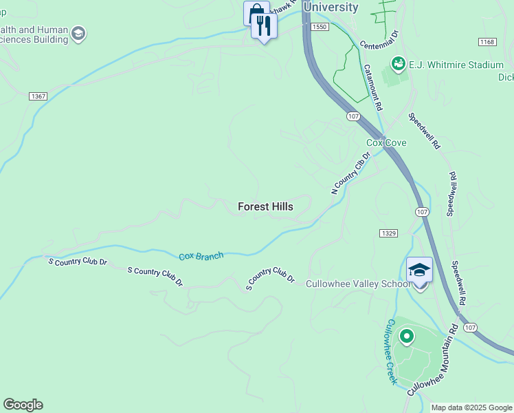 map of restaurants, bars, coffee shops, grocery stores, and more near 689 North Country Club Drive in Cullowhee