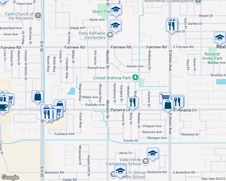 map of restaurants, bars, coffee shops, grocery stores, and more near 6308 Monitor Street in Bakersfield