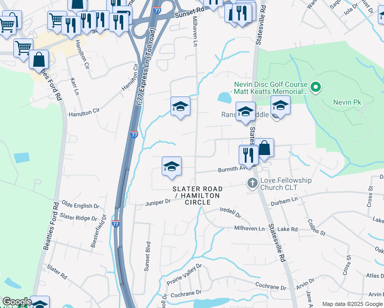map of restaurants, bars, coffee shops, grocery stores, and more near 2739 Dellinger Circle in Charlotte