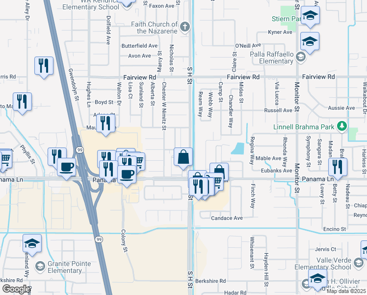 map of restaurants, bars, coffee shops, grocery stores, and more near 6215 South H Street in Bakersfield