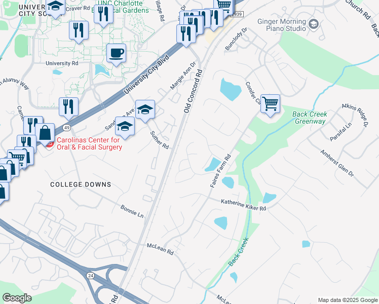 map of restaurants, bars, coffee shops, grocery stores, and more near 1539 Gordon Walters Drive in Charlotte