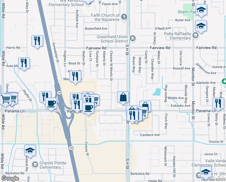 map of restaurants, bars, coffee shops, grocery stores, and more near 6212 Chester W Nimitz Street in Bakersfield